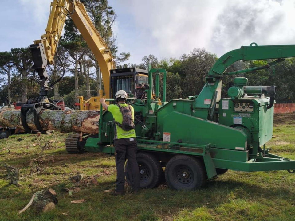Crew member in hi-vis feeding a green wood chipper while an excavator with a grab lifts a long log across a paddock