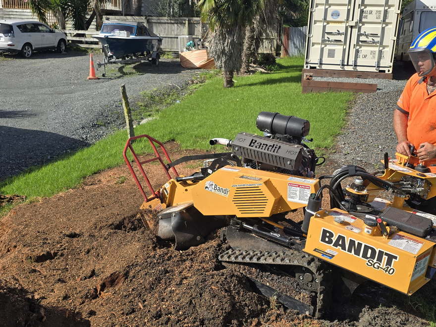 Yellow tracked stump grinder chewing a large stump down into wood chips beside a gravel driveway